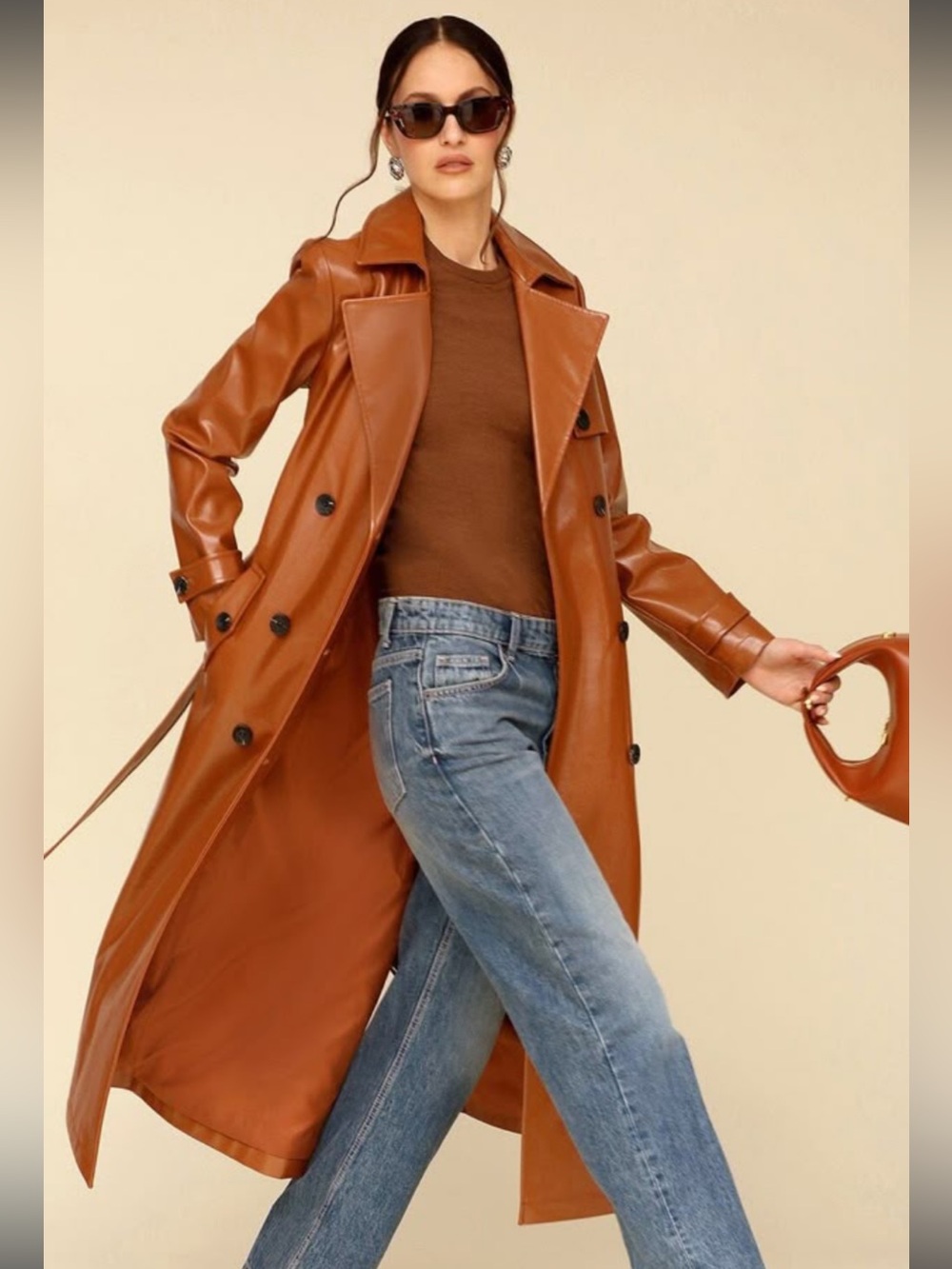 NWT Avec Les Filles Glazed Faux Leather Double Breasted Trench Coat